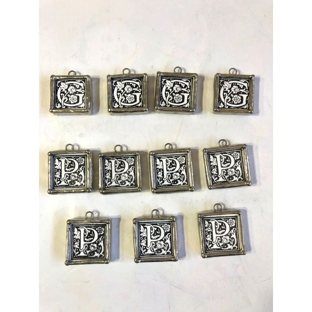 Lot of 11 Jewel Kade Pewter Glass Charms Reversible Crown Initial P & G Monogram
